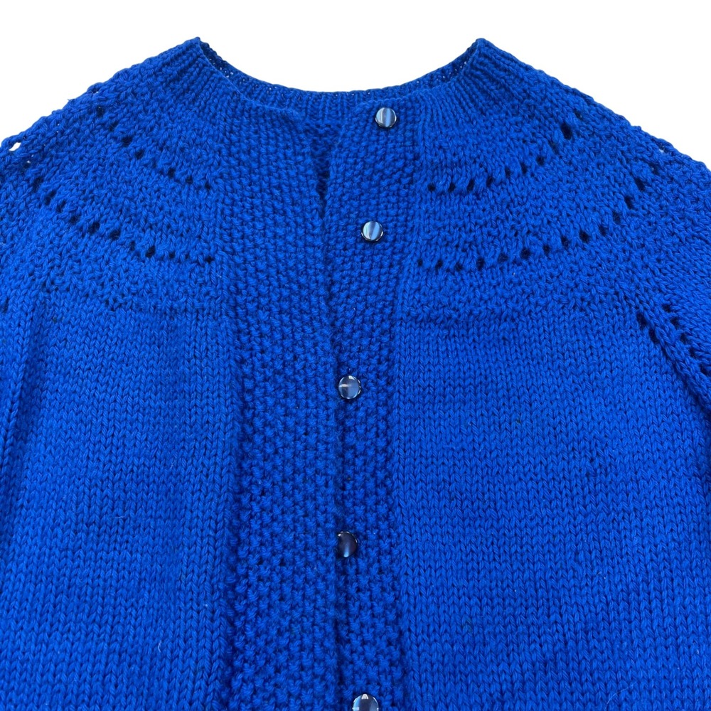 Hand Knitted Royal Blue Cropped Cardigan Med Eyelet Yoke Sweater VTG 90s READ